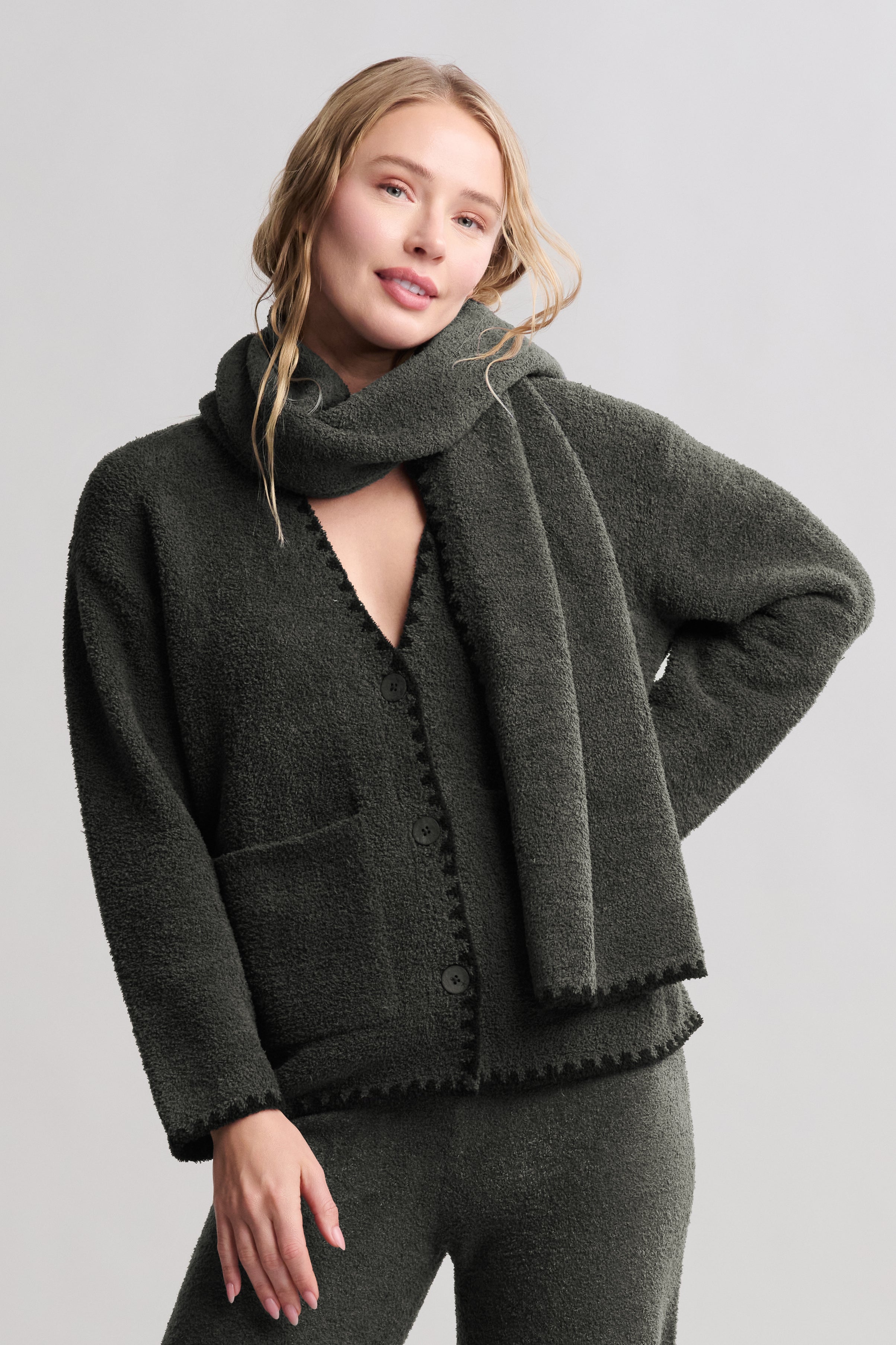 CozyChic® Blanket Stitch Cardigan with Detachable Scarf | Barefoot