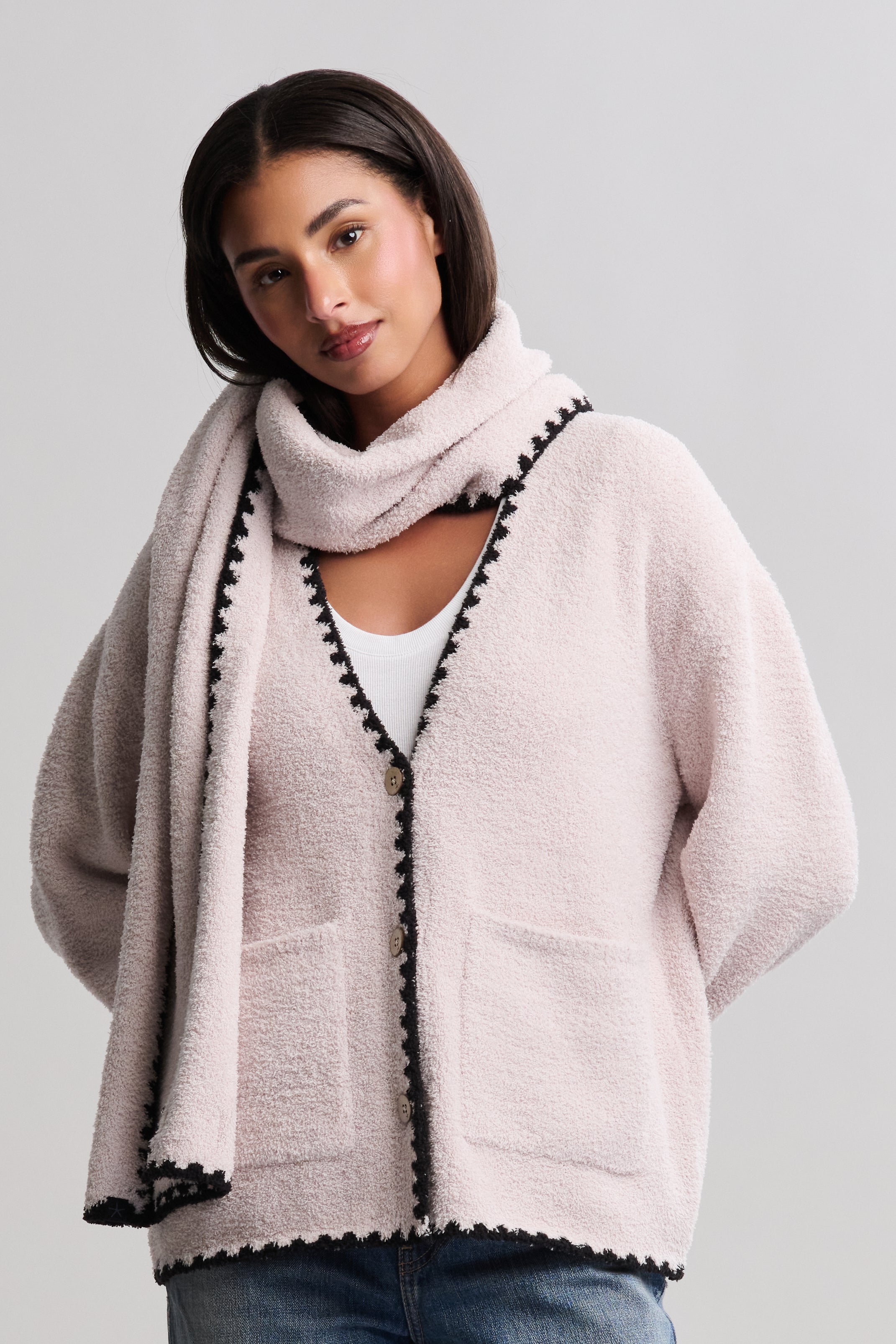 CozyChic® Blanket Stitch Cardigan with Detachable Scarf | Barefoot