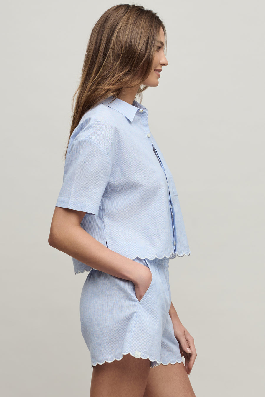 Linen Blend Stripe Shirt with Scallop