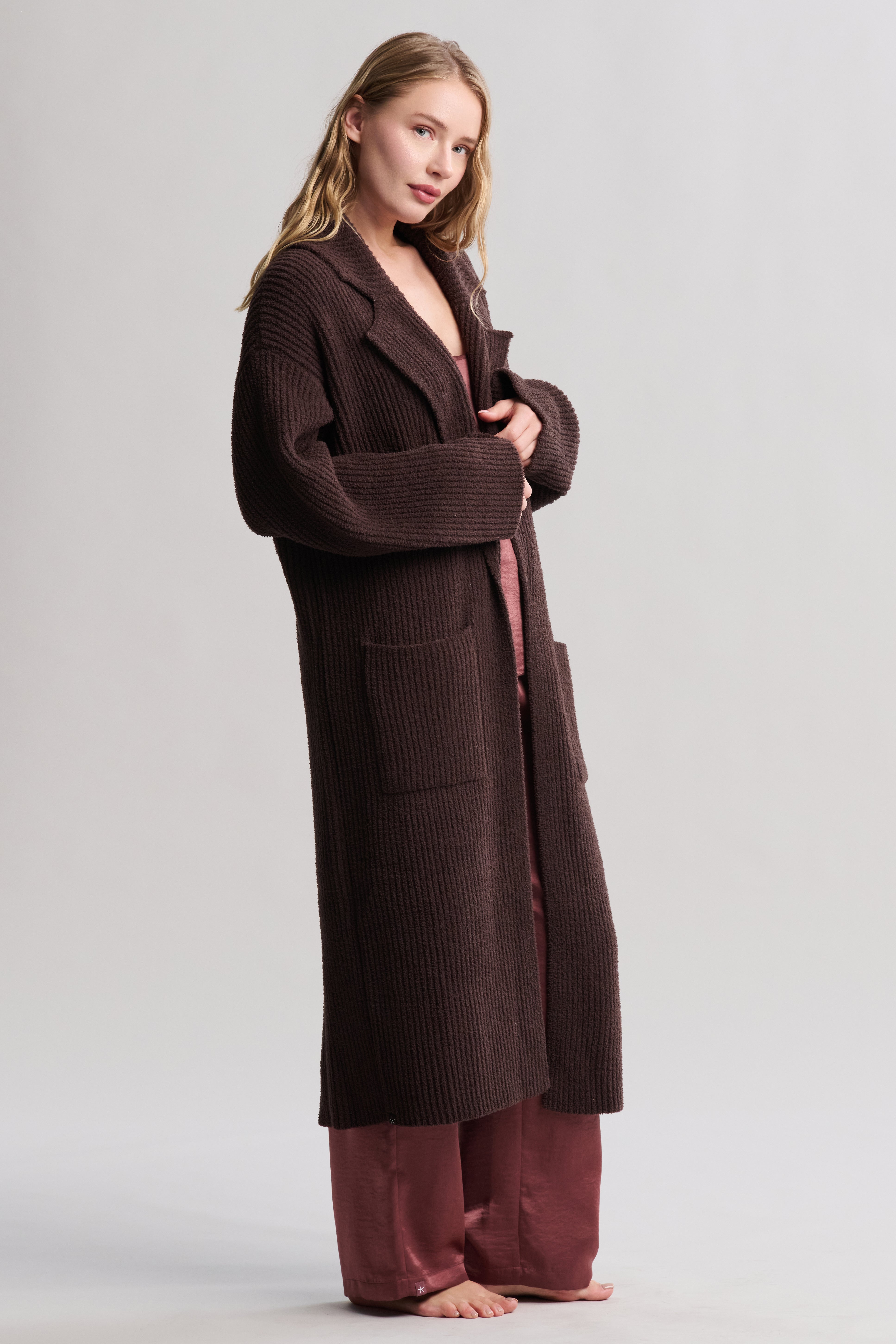 Barefoot Dreams フード付きロングコート Barefoot Dreams CozyChic Shearling Drape Car Coat, Stone/Cream, SM